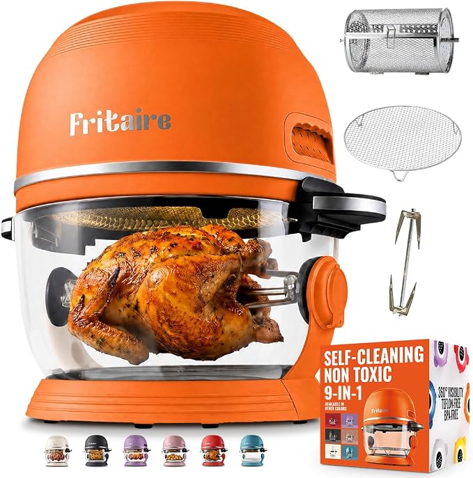 Non Toxic Air Fryer™ Pro | 9-in-1 Glass Air Fryer | Self-Cleaning | 5 Quart | Rotisserie and Tumbler | 400F Vortex For Even Cooking, BPA-Free Teflon Free, Recrisp, Roast, Bake, Orange
