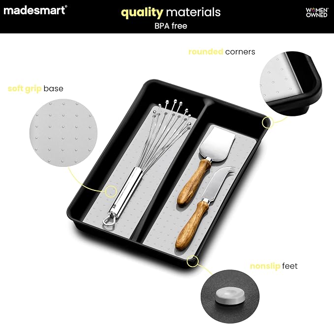 madesmart Classic 2 Compartment Compact Cooking Tool Tray, Carbon | non slip feet, rounded corners, soft grip lining, wide channels, spatulas whisks tongs, ladles serving spoons, woman owned