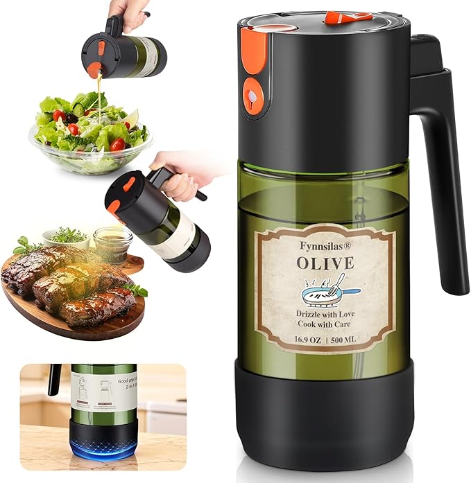 2-IN-1 Oil Sprayer for Cooking with 8 Stickers Light-Blocking Dark Glass Olive Oil Dispenser Bottle for Kitchen 500ml/16.9oz Oil Mister for Air Fryer, BBQ,Salad Even Spray with Portion Control