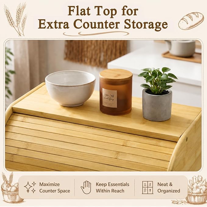 Sawysine Large Bamboo Bread Box with Cutting Board, 17.5" x 11" x 8.6" | Roll Top Bread Storage Box for Kitchen Countertop, Farmhouse Bread Keeper Organizer for Loaves, Bagels, Pastries and Baked