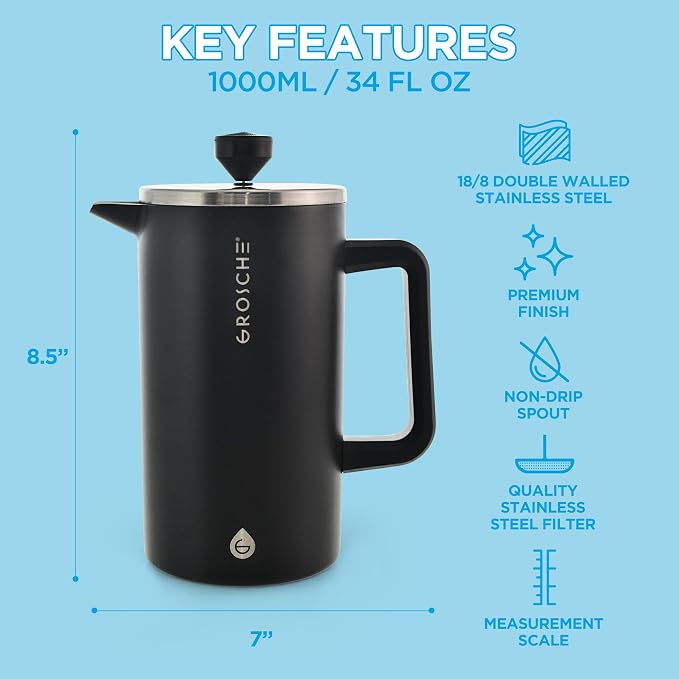 GROSCHE Dublin Double Wall Stainless French Press, Black, 8 Cup, 34 oz | Fine-Mesh Filter Reduces Grit, Insulated Body Retains Heat, Dishwasher-Safe Parts Simplify Cleanup for Daily Hot or Cold Brew