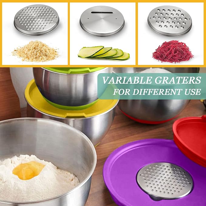 Wildone Mixing Bowls with Airtight Lids, Stainless Steel Mixing Bowls Set | Metal Bowls with 3 Grater Attachments & Non-Slip Bottom, Size 5, 4, 3, 2,1.5, 0.63QT, Includes Utensil Set for Prep, Colored