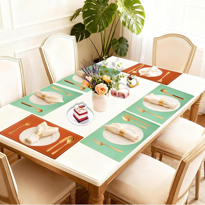 Faux Leather Placemats Set of 6, 11.8"x17.7", Green & Orange | Reversible Table Mats, Waterproof, Stain & Heat Resistant, Easy Clean for Dining, Gatherings, Outdoor