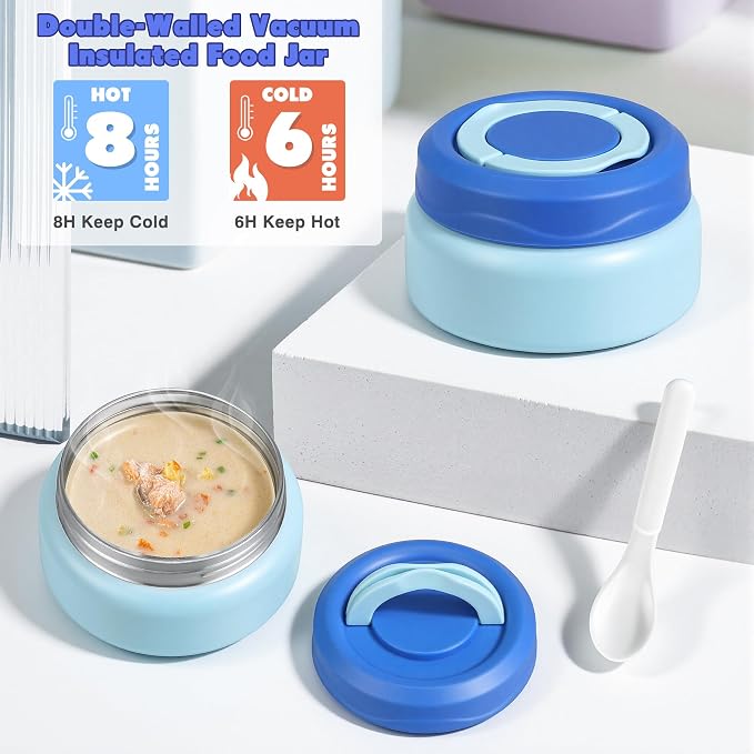 Bento Lunch Box for Kids with 7oz Soup Thermo,Insulated Stainless Steel Kids Water Bottle with Straw and Insulated Lunch Bag,Leak-Proof Lunch Food Container with Ice Pack for School(Blue)