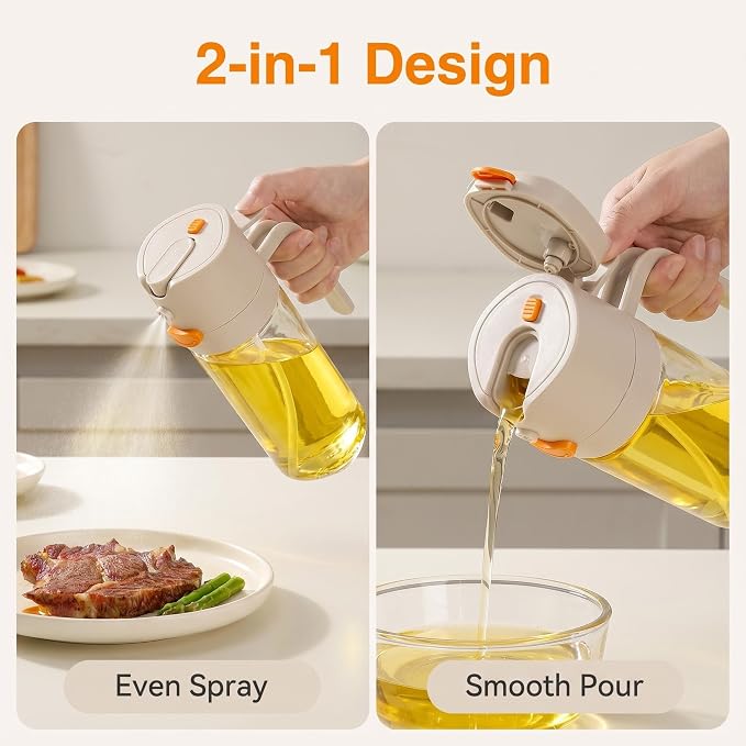 2-in-1 Glass Olive Oil Sprayer & Dispenser 530ml for Cooking | 2-in-1 Glass Oil Sprayer & Dispenser for Cooking, Food Grade Olive Oil Spray Bottle, Leakproof Auto Flip Cap