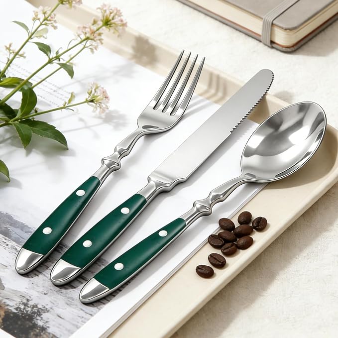 Vintage Silverware Set Service for 4, Flatware Set with Green Bakelite Handle, Stainless Steel Cutlery Set, Dishwasher Safe