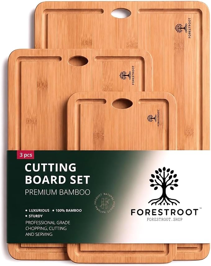 Bamboo Cutting Board Set for Kitchen, 3-Piece Reversible Carbonized Bamboo Chopping Boards with Juice Grooves & Hanging Holes, Butcher Block Board Set for Meat, Vegetables, Fruits & Cheese