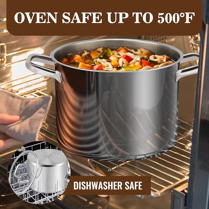 Rorence Stainless Steel Stock Pot, 8-Quart | Tri-Ply Base, Oven & Dishwasher Safe, Induction Cooking Pot