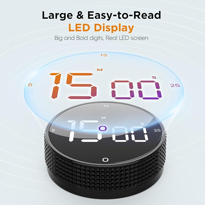 Digital Kitchen Timer - Magnetic Countdown Count Up Clock with Large LED Display, 5/15/25 Min Presets, 3 Volume Levels, Rotary Dial for Cooking, Productivity, Classroom, Fitness (1, Black)