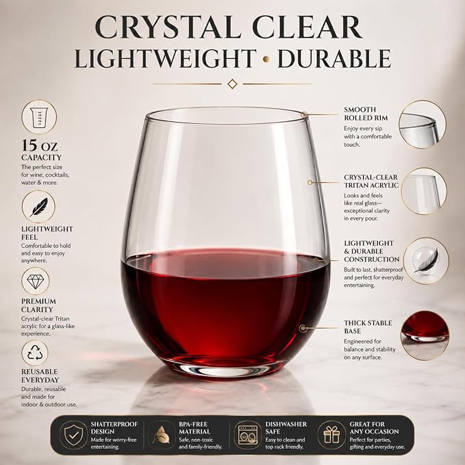 Khen Unbreakable Stemless Acrylic Plastic Drinkware Glasses, Shatterproof 100% Tritan Glasses | 4 Set | 15oz Wine Glassware, Dishwasher-Safe, BPA-free - Indoor & Outdoor, Clear Color