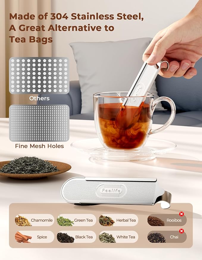 304 Stainless Steel Tea Infuser for Loose Leaf Tea Strainer Fine Mesh | 2-in-1 Tea Filter & Scoop for Easy & Fun Brewing, Feelife Tea Strainers for Loose Leaf Tea Steeper for Cup Mug