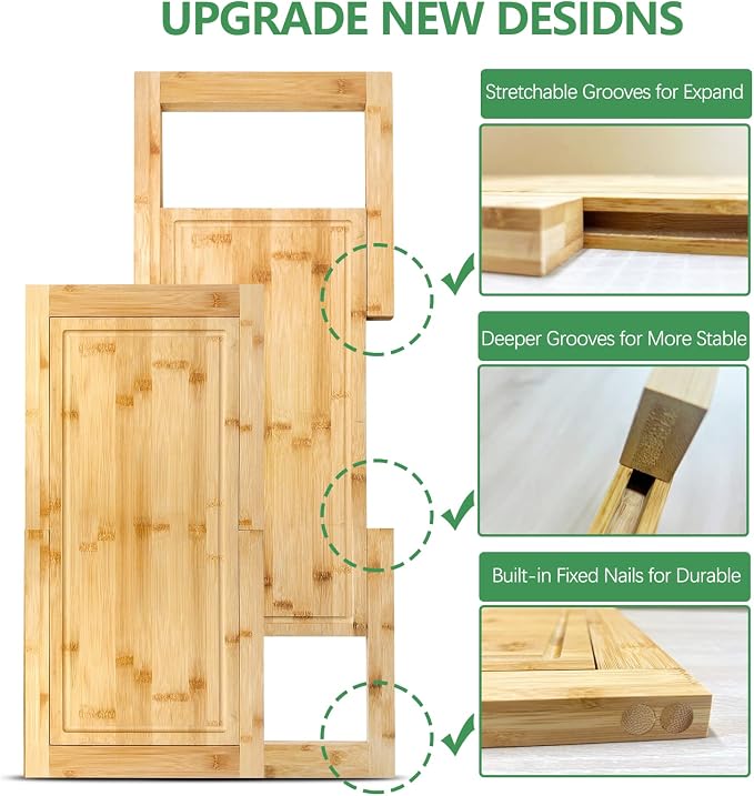 [2024 UPGRADE] Hifybaty Over The Sink Cutting Board - Expandable Cutting Board Over Sink, Bamboo Cutting Boards with Juice Groove, Kitchen Sink Cutting Board