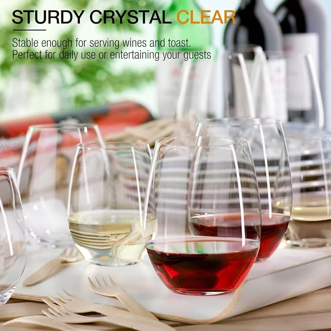 Stemless Wine Glasses Set of 12, 15oz, Crystal, Red White Wine | Clear, Dishwasher Safe, Ideal for Daily Use, Birthday, Wedding, Home Party, Anniversary, Shower
