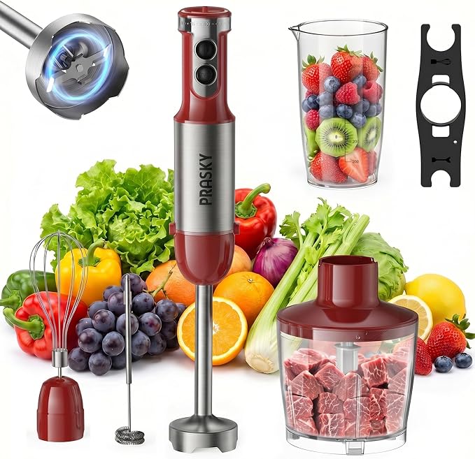 Immersion Blender Handheld 1200W, 20-Speed 5-in-1 Handheld Mixer | 4 Stainless Steel Blades, Milk Frother, Whisk, Beaker, for Smoothies, Protein Shakes, Kitchen Use, BPA-Free, Red