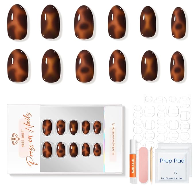 modelones Leopard Print Short Press on Nails, Oval Fake Nails Kit | Press Ons with Nail Glue, Adhesive Tabs, Nail File, Prep Pad, Manicure Stick, 32Pcs 16 Sizes, Fall Women Girl Gift