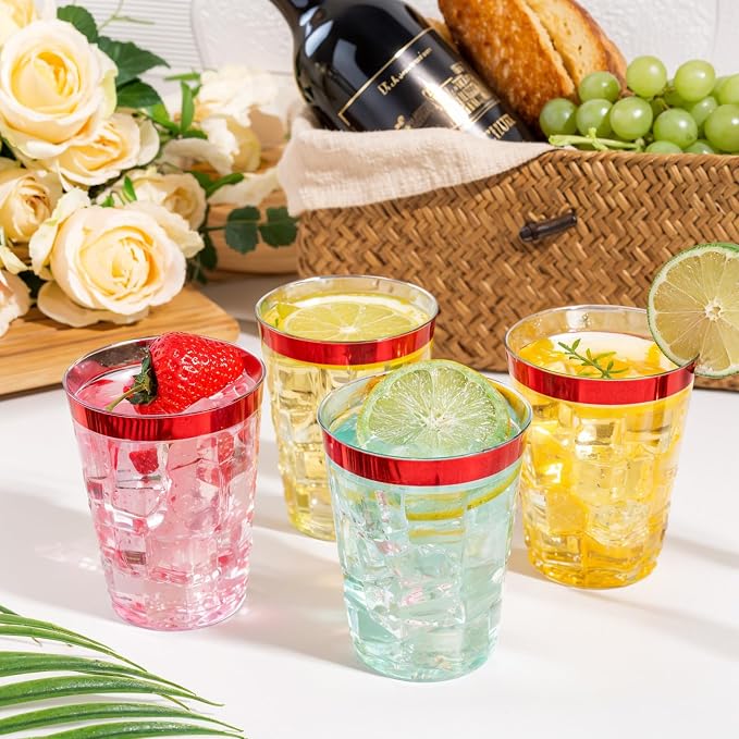 DaYammi 100 Pack Red Plastic Cups 10 Oz,Red Rimmed Plastic Cups for Party Fancy Disposable Cup for Wedding Disposable Glasses Clear Tumblers with red Rim for Bridal Shower Elegant Wine Cocktail Cup