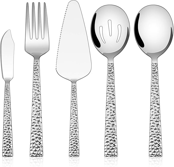 E-far Hammered Serving Utensils, 5-Piece Stainless Steel Square Hostess Serving Set for Buffet Party Kitchen Restaurant, Mirror Finished & Dishwasher Safe
