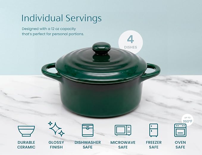 Kook Mini Cocotte, Lids, Handles, Dutch Oven, Set of 4, 12 oz, Forest Green | Individual Baking Ramekins, Microwave Dishwasher Safe Stoneware, Small, Bread, Sourdough, Souffle, Casserole, Oven Safe 500F
