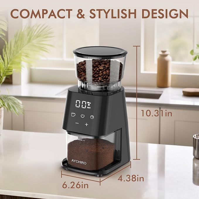 AYCHIRO Electric Burr Coffee Grinder, Conical Burr Grinder with Touch Screen, Coffee Grinder with 30 Grind Settings for Espresso, Drip Coffee & French Press, 2-12 Cups, Black