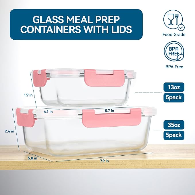 BAYZZ 10 Pack Glass Meal Prep Containers, Glass Food Storage Containers with Lids, Airtight Lunch Box, Freezer,Oven,Microwave and Dishwasher Safe,Pink