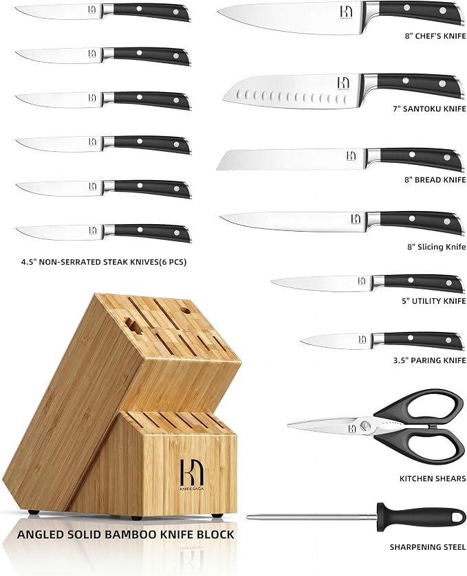 KnifeSaga Knife Set 15 Pcs Kitchen Knife Block Set, Enduring Razor-Sharp High Carbon Stainless Steel Knife Set with Block and Sharpener, Premium Knives Set for Kitchen, Natural Bamboo Valentine's Gift