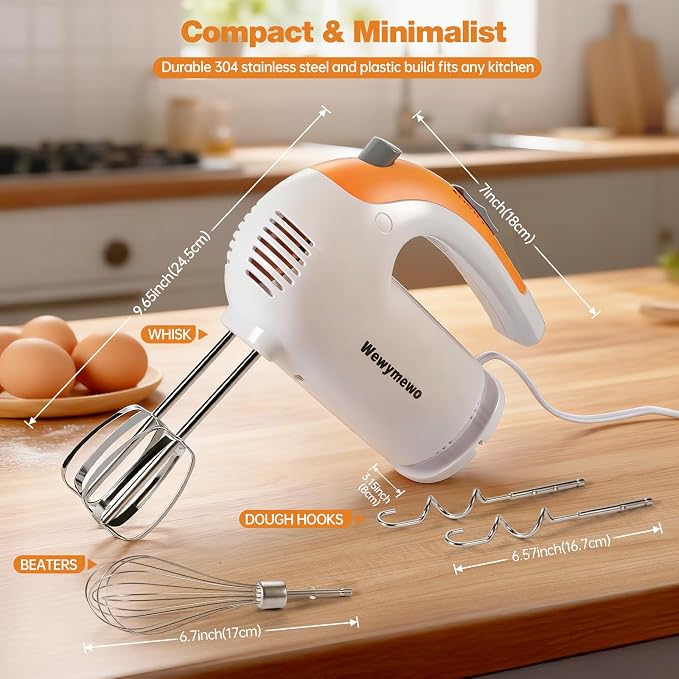 5-Speed 300W Hand Mixer Electric – Powerful Compact for Baking | Handheld Mixer Electric with 5 Stainless Steel Attachments – Egg Beater for Cakes, Bread, Cookies & Home Baking