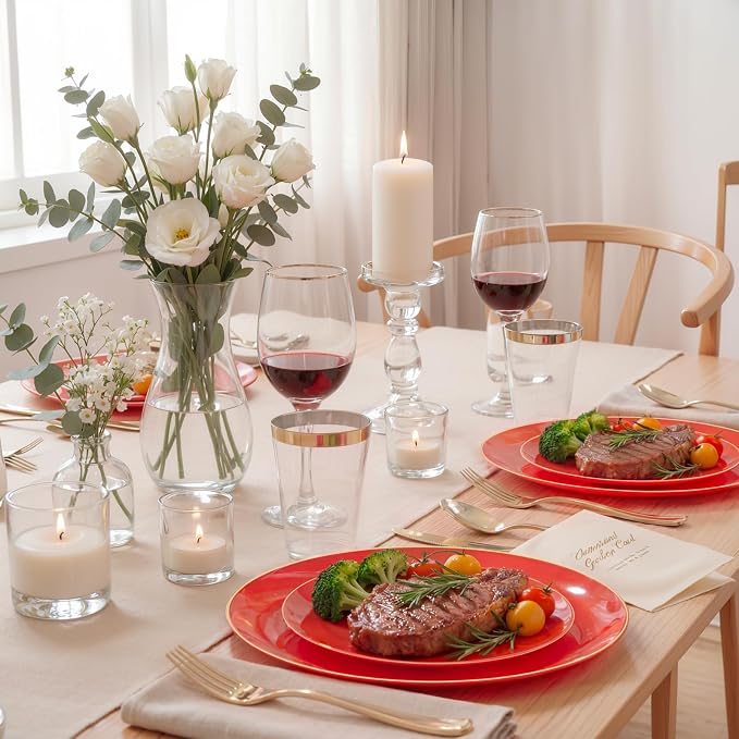 KIRE 350 PCS Red and Gold Plastic Plates - Plastic Dinnerware for Christmas | Include 100PCS Red Disposable Plates, 50PCSPre Rolled Napkins with Silverware&50PCS Cups for Party