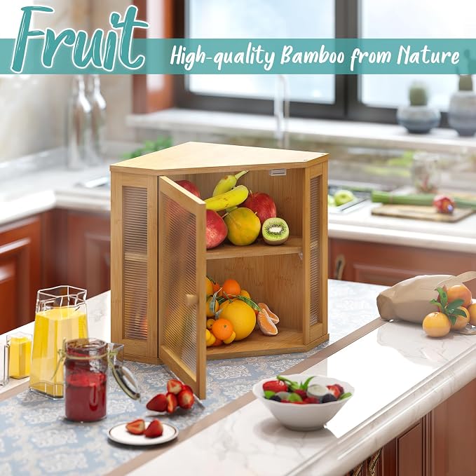 Corner Bread Box, Bamboo Bread Box for Kitchen Countertop, 2 Tier Wooden Bread Storage (Natural, Medium)
