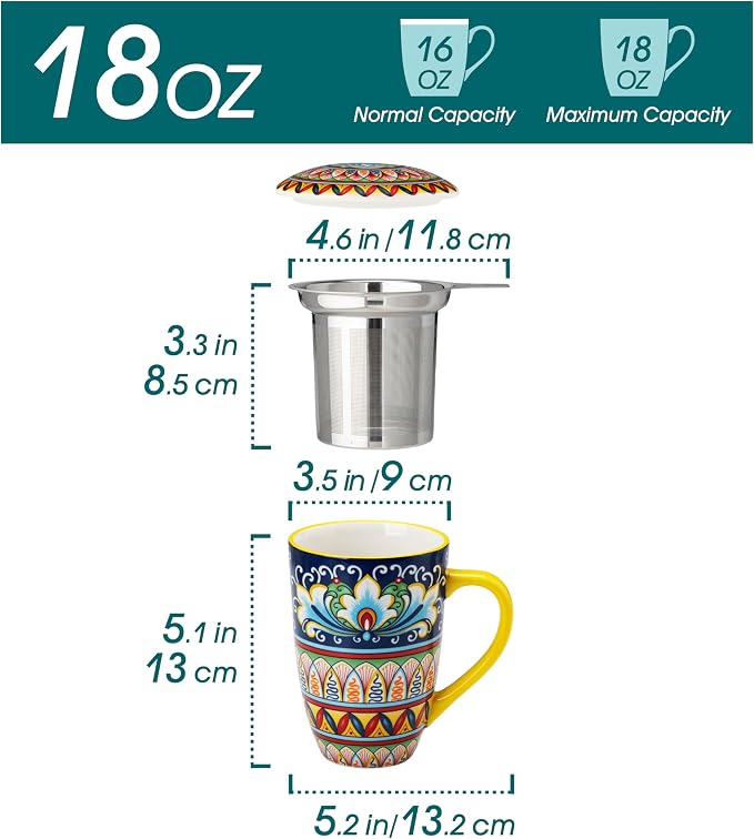 vancasso Ceramic Tea Mug with Infuser and Lid, 18 Ounce Bohemian Loose Leaf Cup, Microwave & Dishwasher Safe, Perfect for Tea, Coffee, Beige-Mustard Tribe