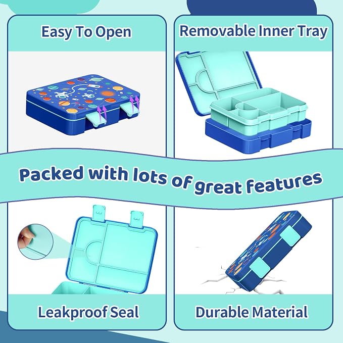 Bento Lunch Box for Kids, Leak-Proof 5-Compartment Cute Lunchbox for Boys Girls, Drop-Proof, Food Container Microwave & Dishwasher Safe, Back to School Supplies for Ages 3 to 7, Blue/Astronaut
