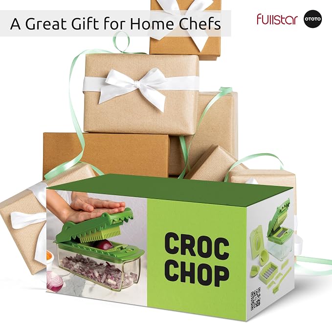 Fullstar X OTOTO Croc Chop - Vegetable Chopper & Spiralizer | 4 in 1 Veggie Chopper & Spiralizer - Stainless Steel Blades & 5-Cup Container - Cool Kitchen Gadget Crocodile Design