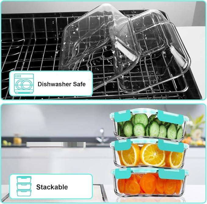 VERONES 5 PACK 36 OZ Glass Meal Prep Containers Set with Lids, Green | Airtight Glass Lunch Containers Set, Food Storage Containers with Lids, for Microwave, Oven, Freezer & Dishwasher Friendly