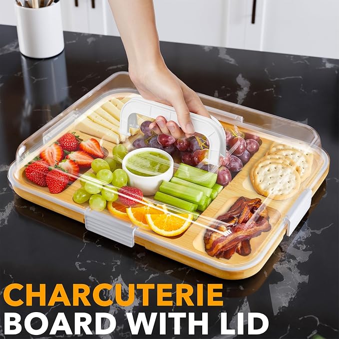 SpaceAid Charcuterie Board with Clear Lid, Portable Travel Cheese Cutting Boards for Picnic Accessories, Bamboo Serving Tray with Lids, House Warming Gifts, White Handles, 5 Compartments