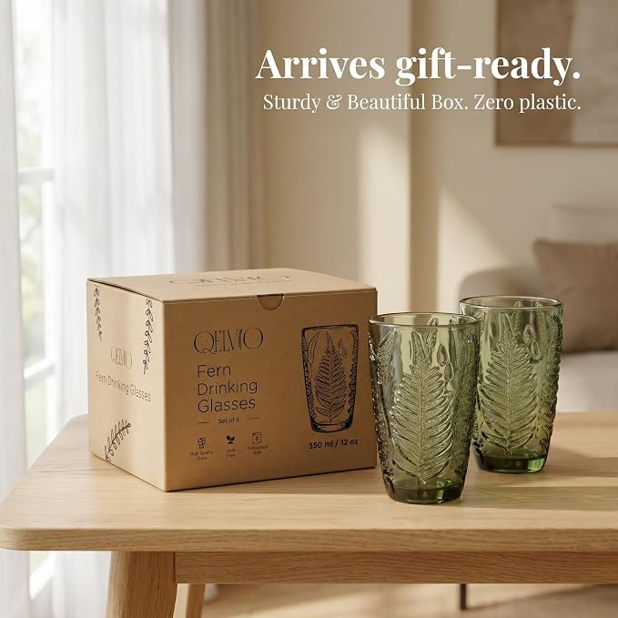 Green Drinking Glasses Set of 4, 12 oz Glass Cups, Vintage Fern Glassware | Hand-Pressed, Dishwasher Safe, Boho Leaf-Textured Drinkware, Embossed Highball Tumblers for Water, Retro Kitchen Gift