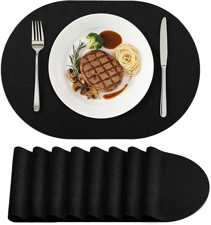 Placemats Set of 8, 11.8 x 17 Inch, Black | Heat Resistant Oval Faux Leather Place Mats, Waterproof Wipeable Reversible PU Placemat, Indoor & Outdoor
