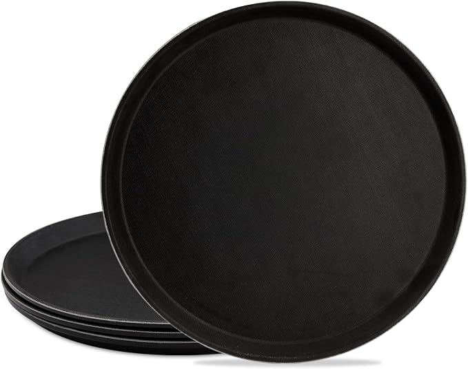 TOPZEA 4 Pack 14 Inch Round Restaurant Serving Tray, Fiberglass Non-Slip Rubber Lined Black Server Trays Commercial Grade Bar Service Tray for Restaurant, Kitchen, Cafeteria, Catering, Easy Clean