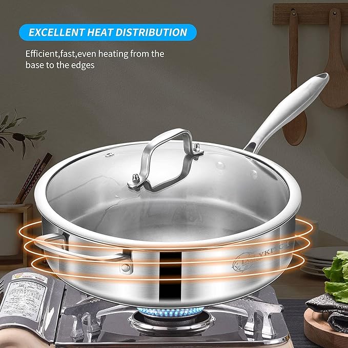 LOLYKITCH 3-Quart Saute Pan with Lid | 10-Inch Deep Frying Pan | Dia 26CM | Small | Tri-Ply Stainless Steel Clad | Dishwasher & Oven Safe | Compatible for All Cooktops | Riveted Handle | 2-3 Servings
