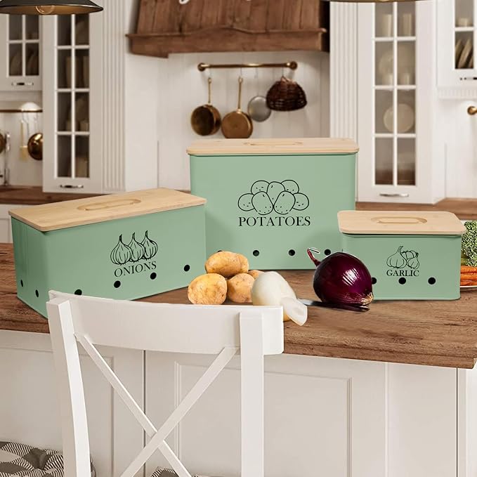 Kitchen Vegetable Storage Tins Set of 3 for Potato Onion & Garlic with Wooden Lid and Aerating Holes, Kitchen Storage Canisters Set, Vintage Kitchen Decor - Green