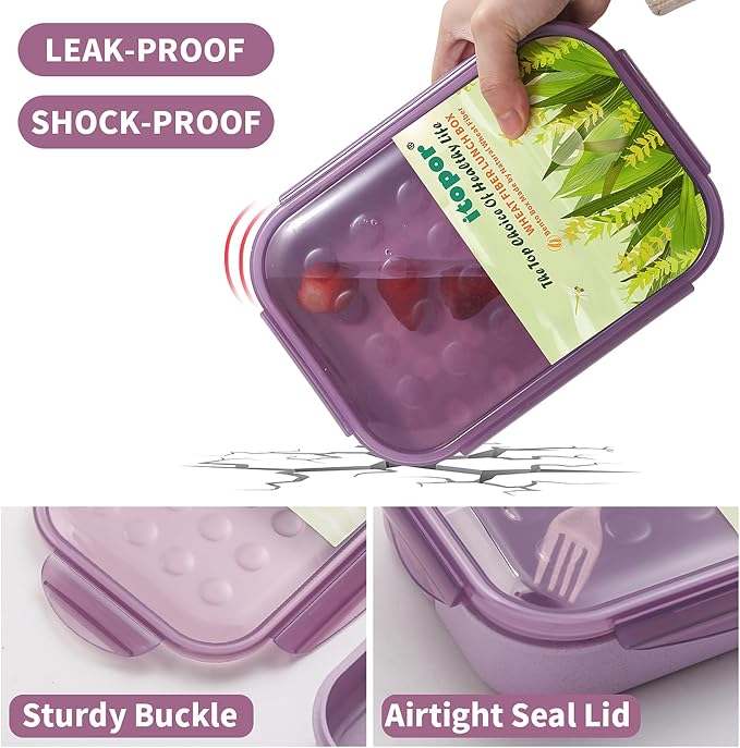 Itopor Bento Box for Kids & Adults, Lunch Box 46 oz / 1400ml, Lavender | Wheat straw material, BPA-free, leakproof, 3 compartments, microwave & dishwasher safe, for school, office & travel
