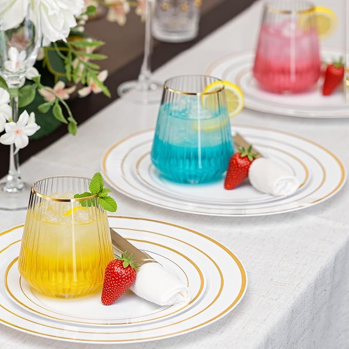 N9R 40PCS Plastic Wine Glasses Disposable, 14 oz Gold Rim Cocktail Spritz | Clear Gold Stemless Champagne/Whiskey/Drinking Cups, Fancy Origami Ripple, Shatterproof, for Parties, Weddings, Pool and Bar
