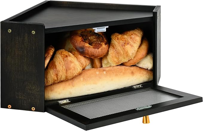 Bread Box for Kitchen Countertop with Acrylic Window Black | Farmhouse Bread Storage Container, Large Pantry Organizers for Homemade Snacks, Loaves, Breathable Keeps Bread Fresh
