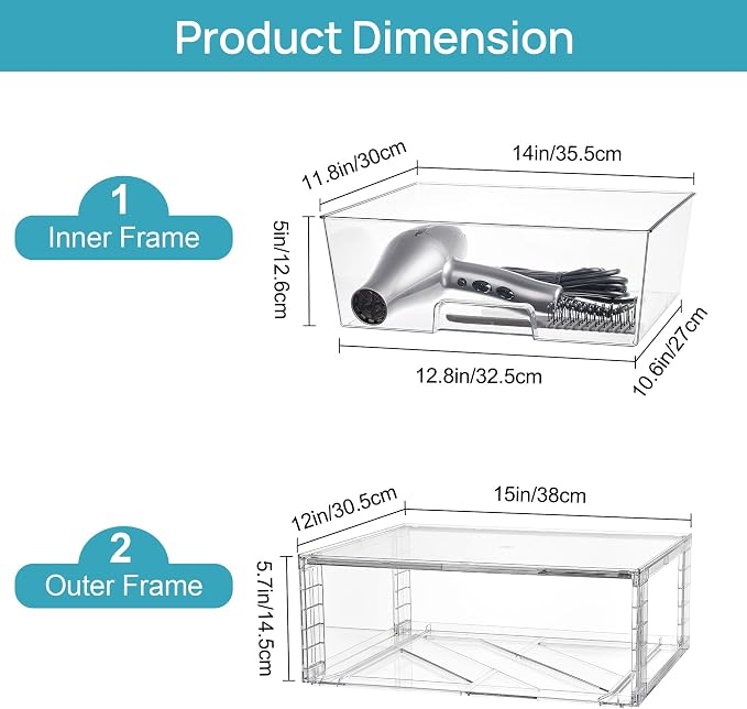 Vtopmart 3 Pack Large Clear Stackable Storage Drawers for Closet, Pantry | Easily Assemble Bathroom Closet Undersink Organizers,Plastic Bins for Cabinet,Kitchen Pantry,Medicine Organization