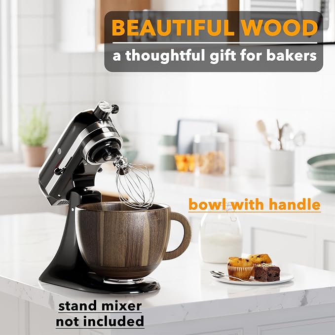 SpaceAid Wooden Bowl with Handle, Kitchen Space Aid Acacia Wood Mixing Bowls Holder for Stand Mixer, Compatible with 4.5 & 5 QT Tilt-Head Models Kitchen, Light Wood