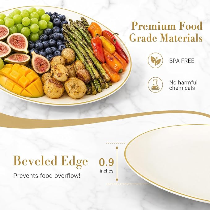 6Pcs Ivory and Gold Plastic Platters - 10’’ x 12’’ Elegant Ivory Oval Disposable Plates - Heavy Duty Serving Trays for Parties/Weddings/BBQ/Picnic/Dinner Party