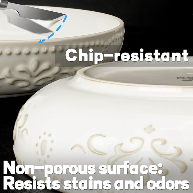 Pasta Bowls, 50oz Large Salad Serving Bowls, 9.75'' Plates Bowl Set of 4, Big White Ceramic Soup Bowl for Kitchen, Embossment Shallow Dinner Bowl, Microwave Dishwasher Safe, Damask Floral