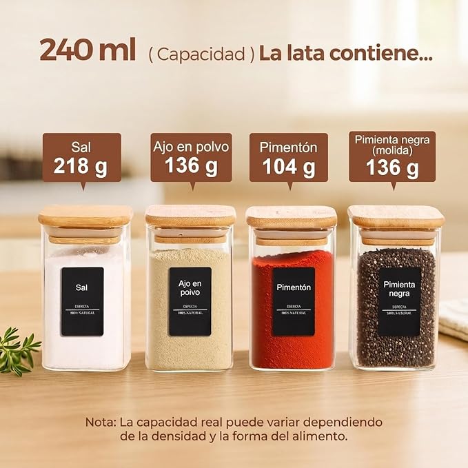 ComSaf Glass Spice Jars with Labels 8 oz 6 Pack Square Bamboo Lids | Empty Containers, Seasoning Herbs Powders, Salt Pepper Chili, Kitchen Cabinet Storage Starter Set, Dry Goods