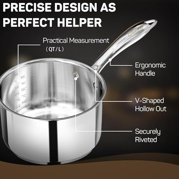 Ciwete 3 Qt Saucepan with Lid - Upgraded Package - 3 Quart 18/10 Stainless Steel Sauce Pan with Mirror Polishing and 2 Sacles, Induction Cookware, Small Pot for Cooking, Dishwasher Safe Oven Safe
