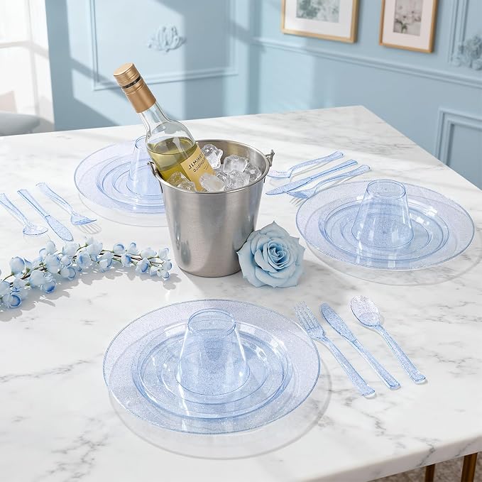 DaYammi 210PCS Blue Glitter Plastic Dinnerware Set for 30 Guests, Fancy Disposable Plates for Party, Include: 30 Dinner Plates, 30 Dessert Plates, 30 Pre Rolled Napkins with Blue Silverware, 30 Cups