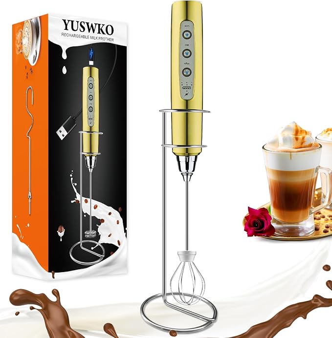 YUSWKO Handheld Milk Frother Wand for Coffee, Rechargeable Electric Whisk with 3 Heads 3 Speeds Drink Mixer Coffee Frother For Latte, Cappuccino, Hot Chocolate, Egg, Champagne Gold with Holder