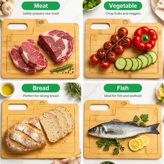 4 Pack 12.5"L x 9.8"W Bamboo Cutting Boards with Holder, Wood Cutting Board Set, Chopping Boards Set with Food Icons, Kitchen Cutting Board Ideal for Meat, Fish, Bread, Vegetable, Fruit
